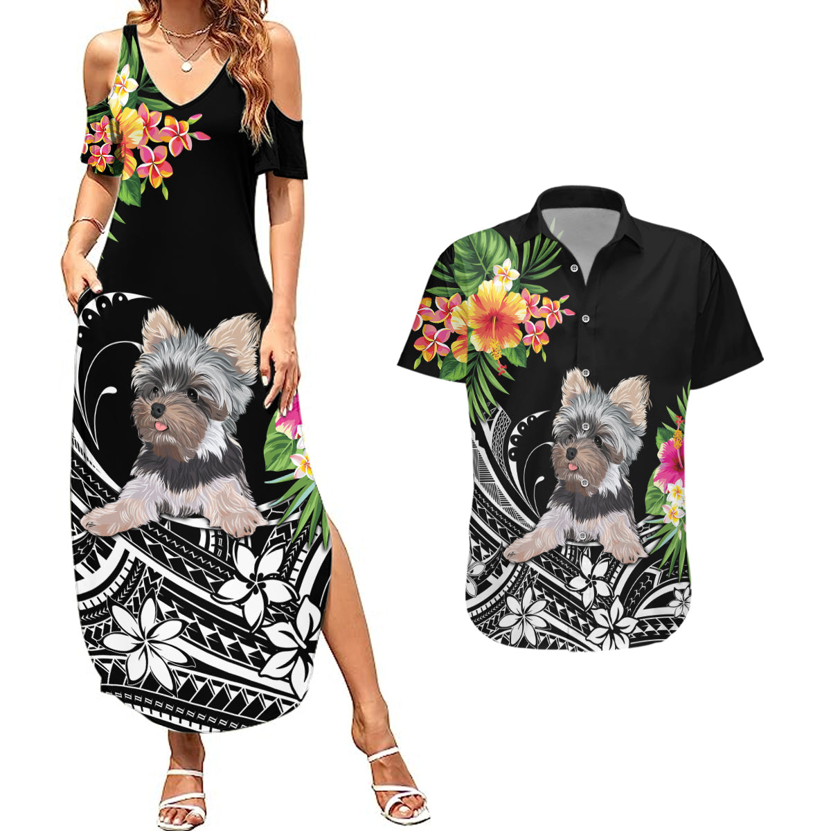Personalised Polynesian Couples Matching Summer Maxi Dress and Hawaiian Shirt With Yorkshire Terrier Floral Style LT7 - Wonder Print Shop