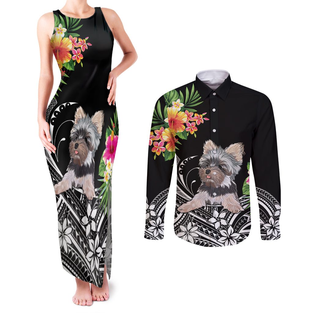 Personalised Polynesian Couples Matching Tank Maxi Dress and Long Sleeve Button Shirts With Yorkshire Terrier Floral Style LT7 - Wonder Print Shop
