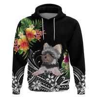 Black pullover hoodie with gray Yorkie floral and tribal patterned front graphic
