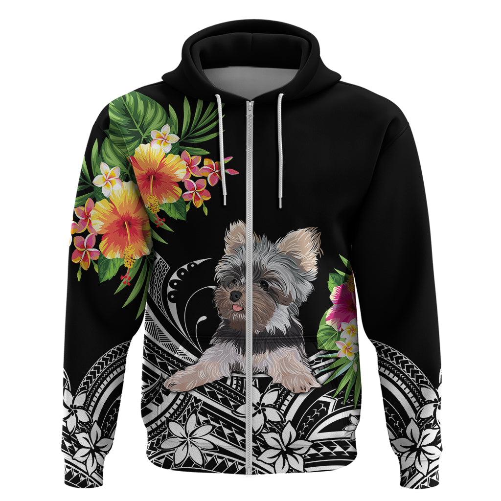 Black pullover hoodie with gray Yorkie portrait, green tropical leaves and flowers
