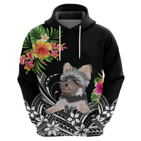 Black pullover hoodie with Yorkie portrait and tropical flower print on sleeves and chest