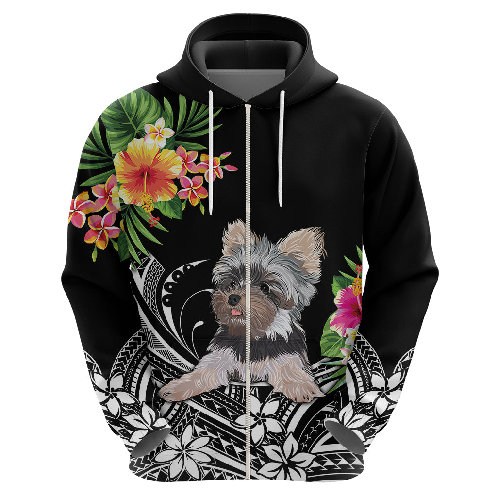 Black pullover hoodie back graphic with Yorkie, tropical flowers, and YOUR TEXT