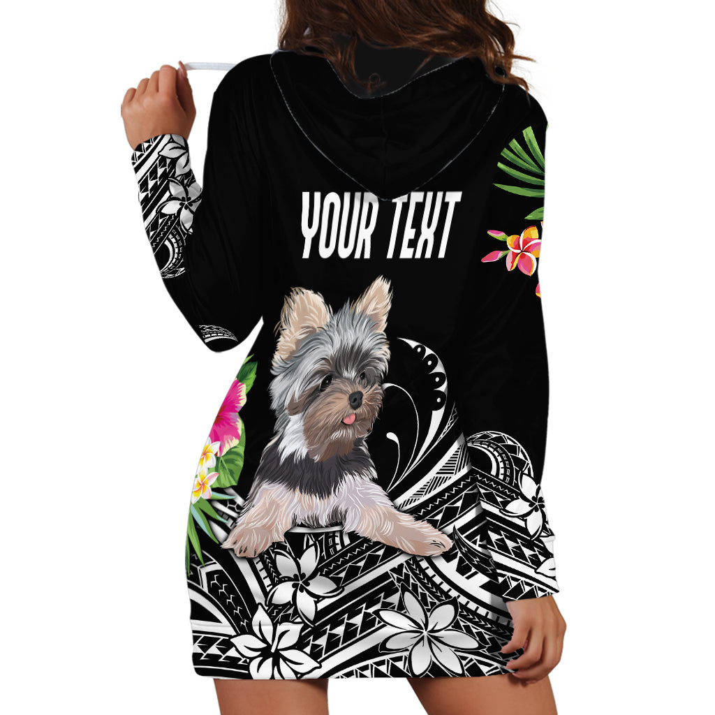 Black hoodie dress back with hood, 'YOUR TEXT' print and terrier floral tribal design