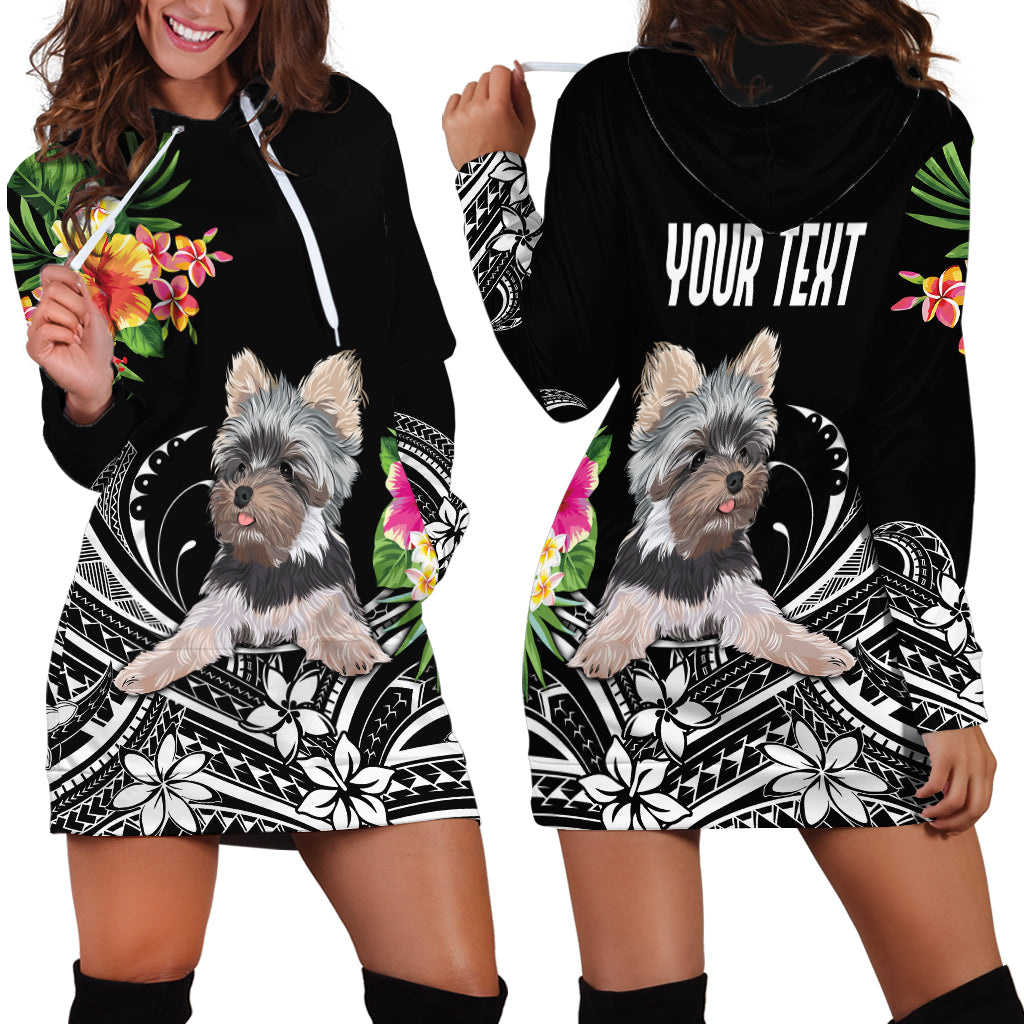 Black hoodie dress front and back views, terrier floral tribal graphic, zip hood