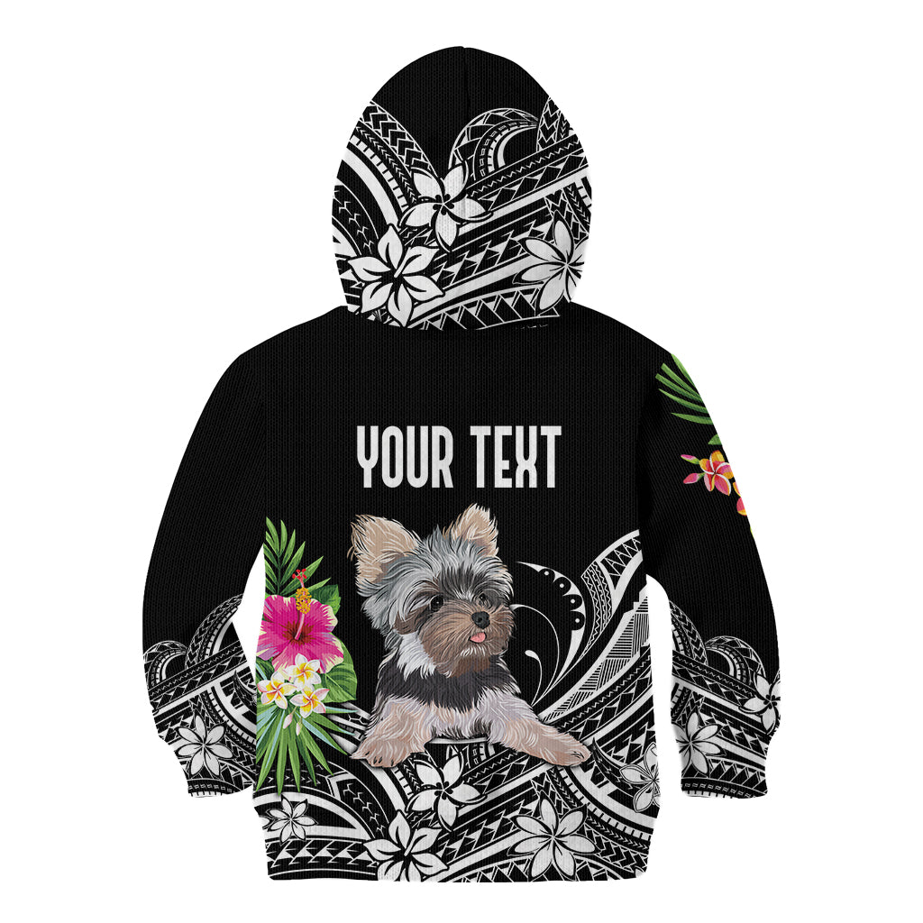 Kids black zip hoodie back with 'YOUR TEXT' and terrier floral graphic, hood up