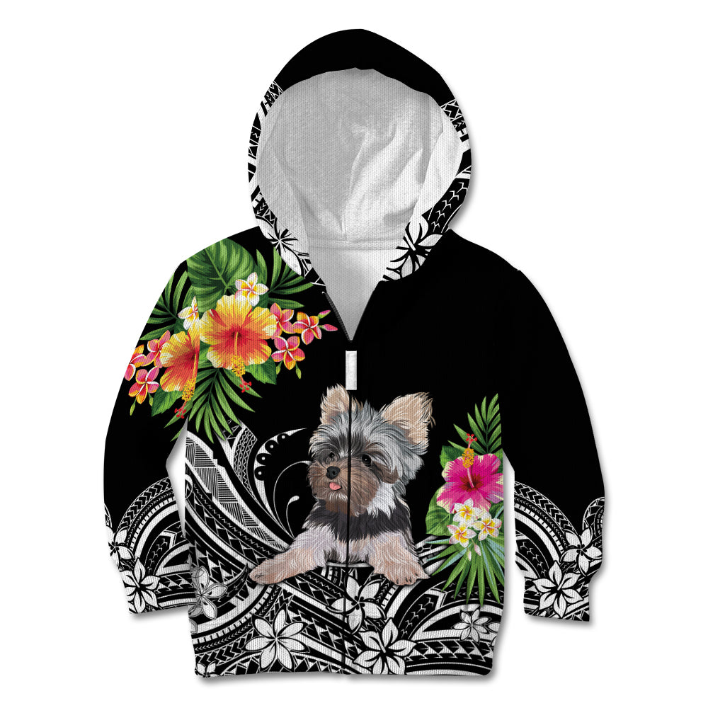 Kids black zip hoodie with terrier and tropical floral graphic, front zipper
