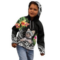 Kids black zip hoodie on model with terrier and tropical floral front print