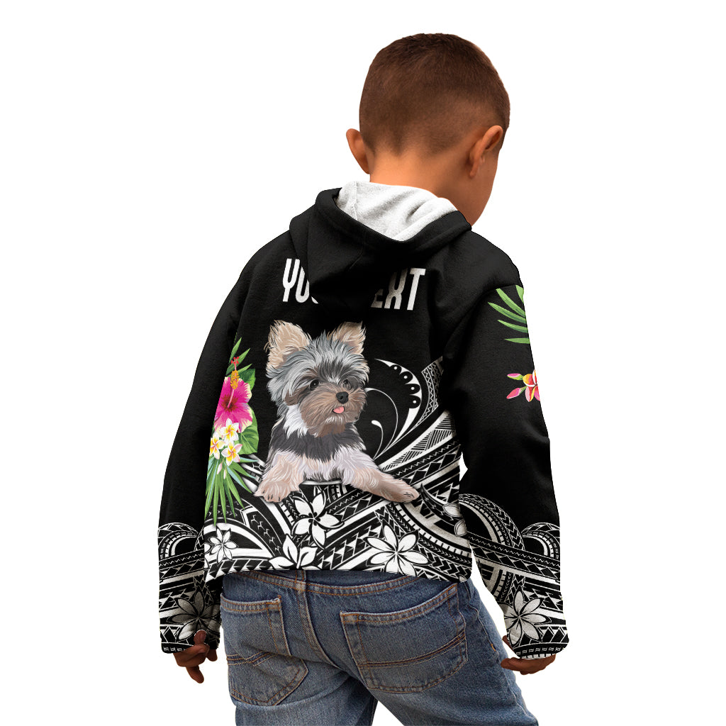 Kids black zip hoodie back on model with terrier floral print and text panel