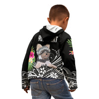 Kids black zip hoodie back on model with terrier floral print and text panel