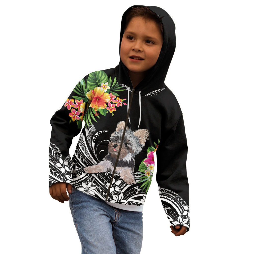 Kids black zip hoodie on model with terrier floral graphic and drawstring hood