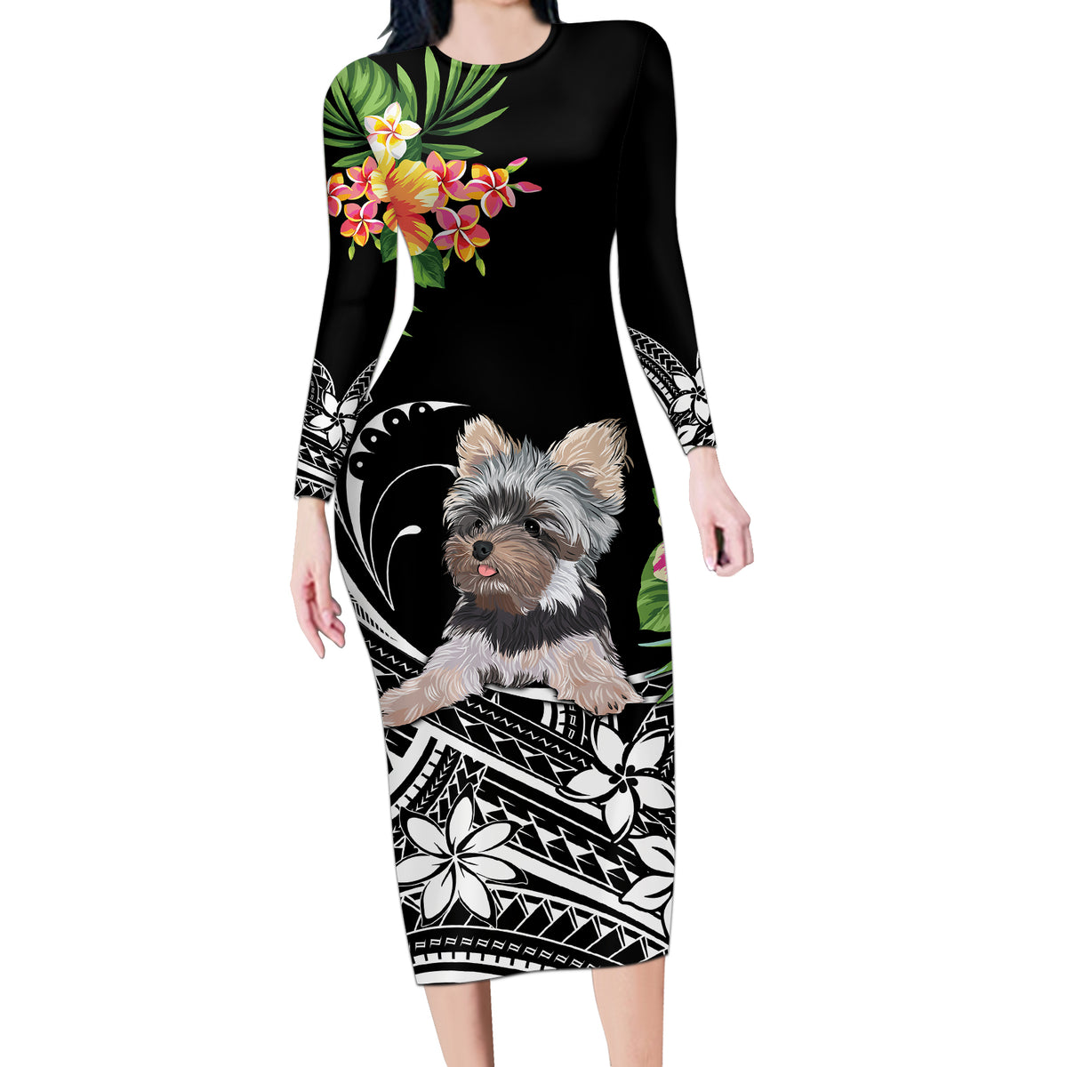 Personalised Polynesian Long Sleeve Bodycon Dress With Yorkshire Terrier Floral Style - Wonder Print Shop