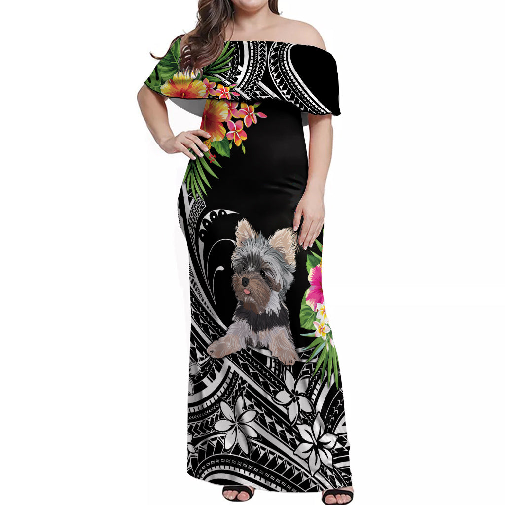 Personalised Polynesian Off Shoulder Maxi Dress With Yorkshire Terrier Floral Style - Wonder Print Shop