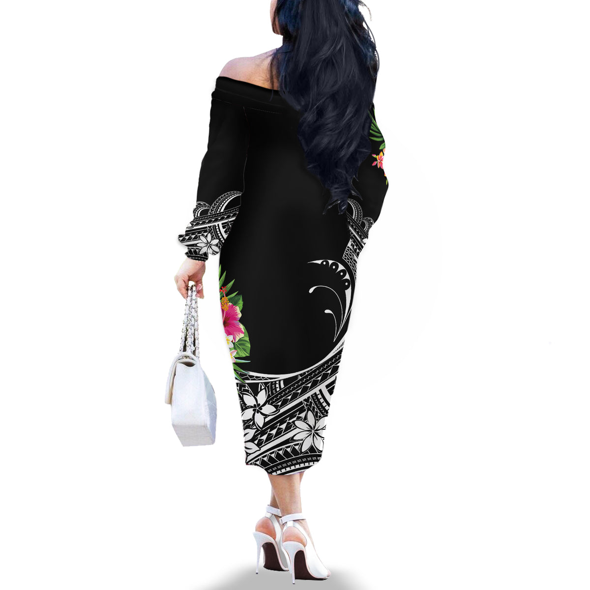 Personalised Polynesian Off The Shoulder Long Sleeve Dress With Yorkshire Terrier Floral Style - Wonder Print Shop