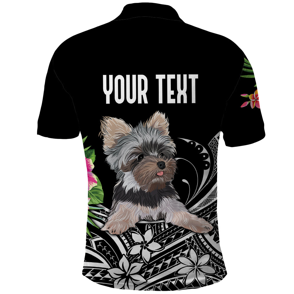 Black polo shirt with 'YOUR TEXT' back and Yorkshire terrier Polynesian print