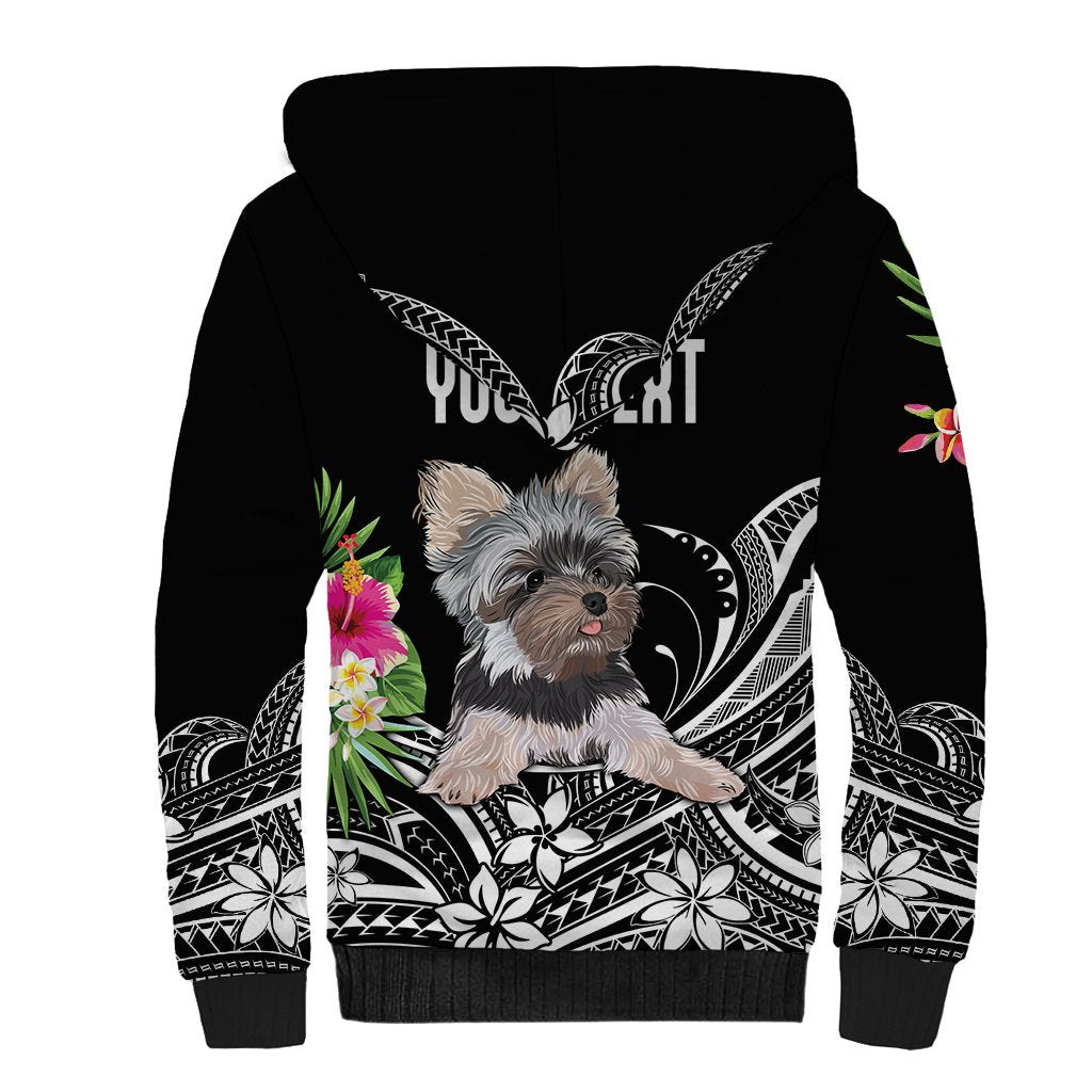 Black sherpa hoodie back with centered Yorkshire terrier, floral and tribal pattern