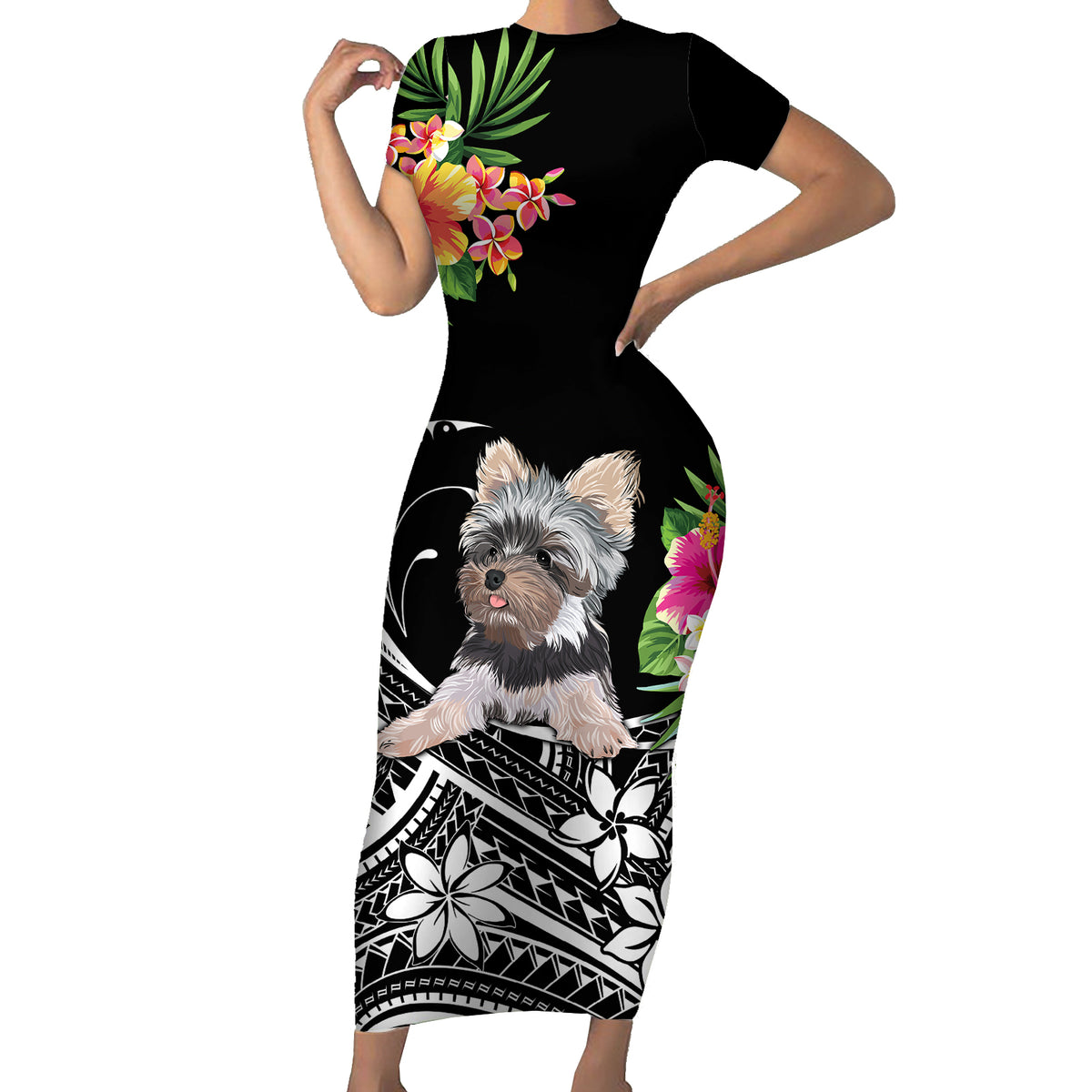 Personalised Polynesian Short Sleeve Bodycon Dress With Yorkshire Terrier Floral Style - Wonder Print Shop