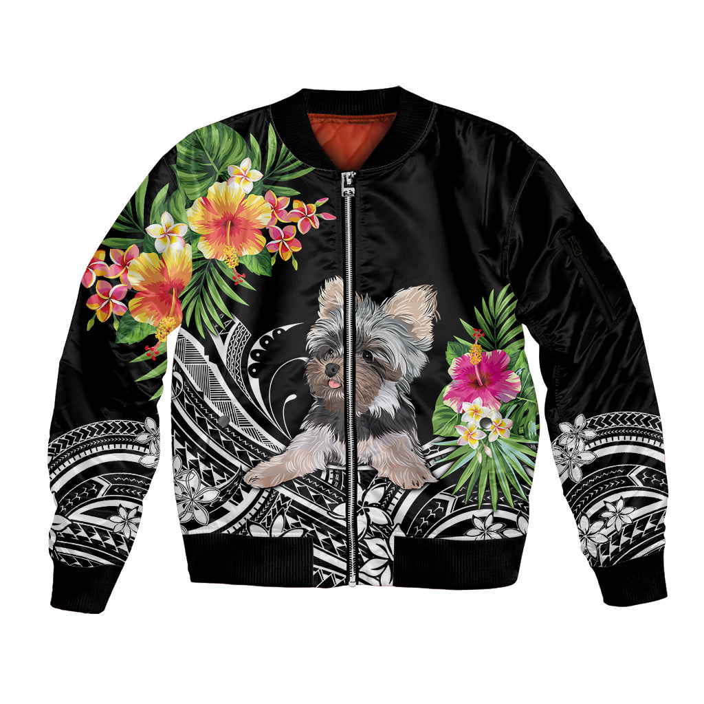 Personalised Polynesian Sleeve Zip Bomber Jacket With Yorkshire Terrier Floral Style - Wonder Print Shop