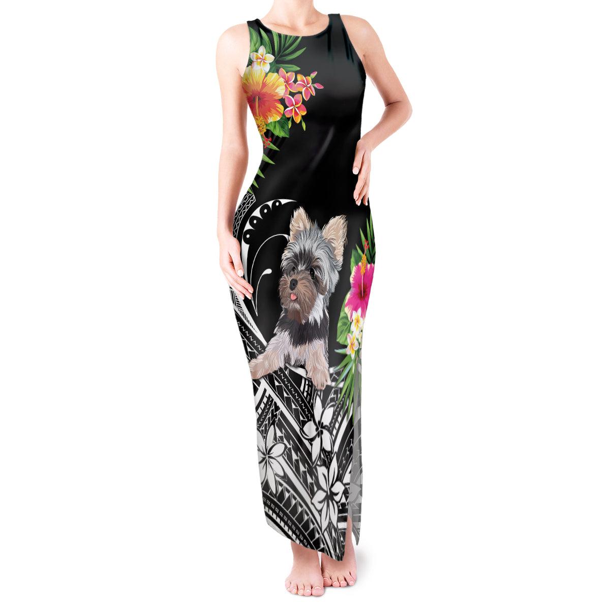 Personalised Polynesian Tank Maxi Dress With Yorkshire Terrier Floral Style - Wonder Print Shop