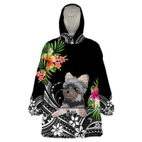 Black blanket hoodie with Yorkshire terrier graphic and Polynesian floral print