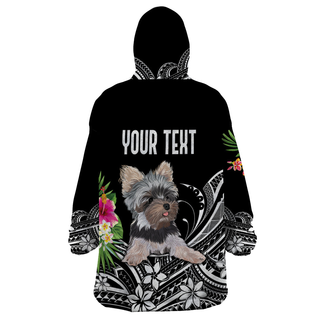 Black hoodie back with 'YOUR TEXT' over Yorkshire terrier floral Polynesian print