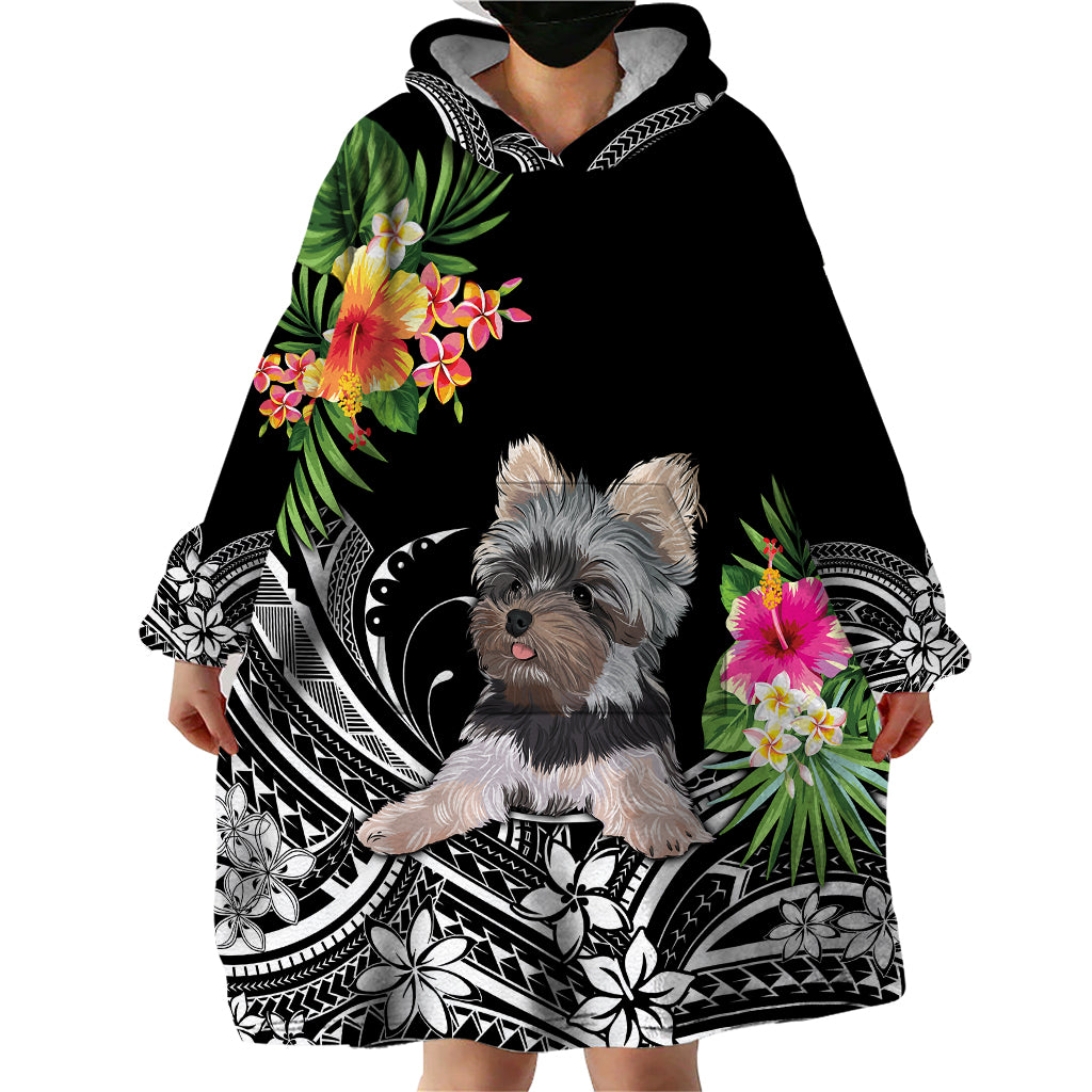 Black hoodie blanket with Yorkshire terrier portrait and colorful tropical floral print