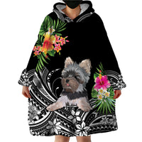 Black hoodie blanket with Yorkshire terrier portrait and colorful tropical floral print