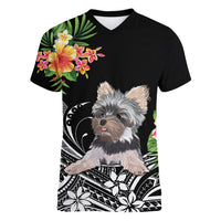 Personalised Polynesian Women V Neck T Shirt With Yorkshire Terrier Floral Style - Wonder Print Shop