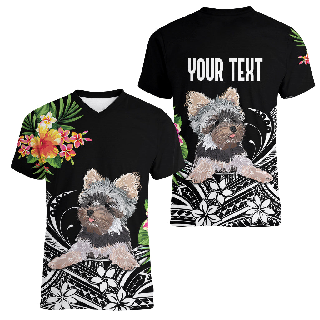 Personalised Polynesian Women V Neck T Shirt With Yorkshire Terrier Floral Style - Wonder Print Shop