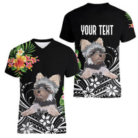 Personalised Polynesian Women V Neck T Shirt With Yorkshire Terrier Floral Style - Wonder Print Shop