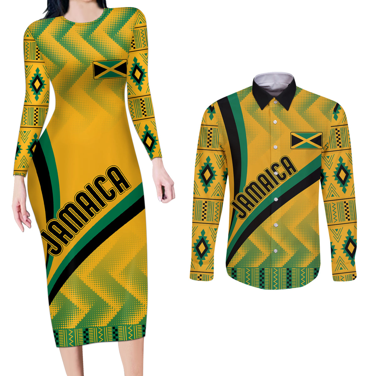 Personalised Jamaica Couples Matching Long Sleeve Bodycon Dress and Long Sleeve Button Shirts Kente Pattern Basic - Yellow LT7 - Wonder Print Shop
