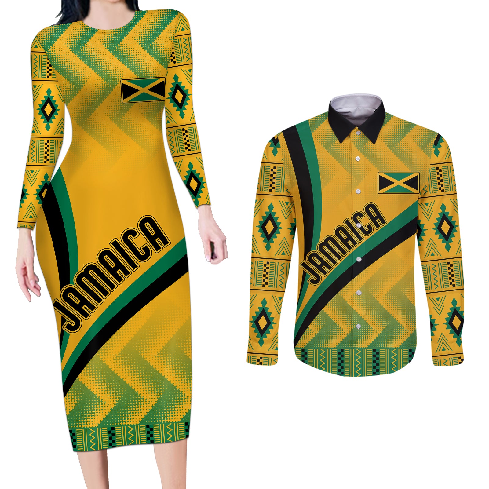 personalised-jamaica-couples-matching-long-sleeve-bodycon-dress-and-long-sleeve-button-shirts-kente-pattern-basic-yellow