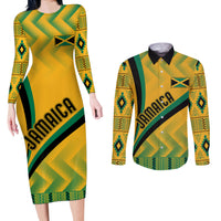 Personalised Jamaica Couples Matching Long Sleeve Bodycon Dress and Long Sleeve Button Shirts Kente Pattern Basic - Yellow LT7 - Wonder Print Shop