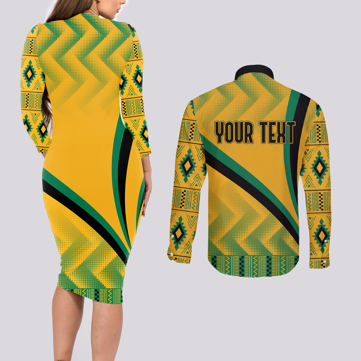 Personalised Jamaica Couples Matching Long Sleeve Bodycon Dress and Long Sleeve Button Shirts Kente Pattern Basic - Yellow LT7 - Wonder Print Shop