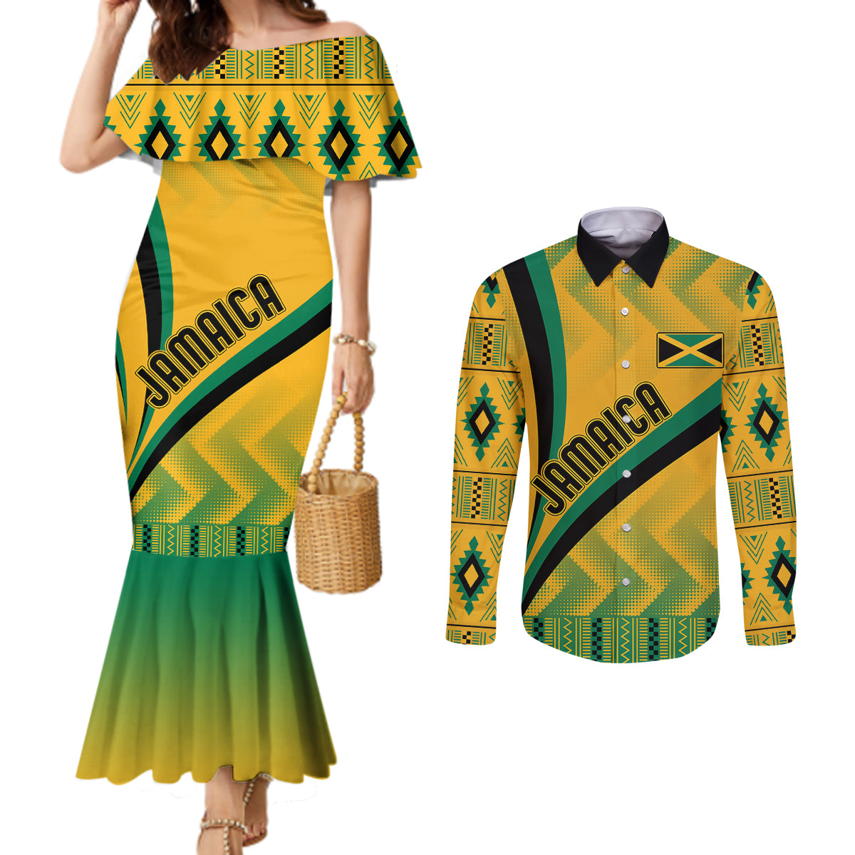 personalised-jamaica-couples-matching-mermaid-dress-and-long-sleeve-button-shirts-kente-pattern-basic-yellow