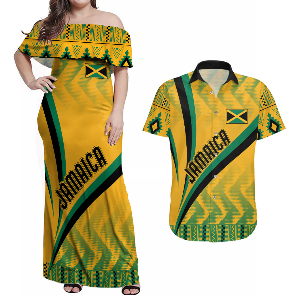 Personalised Jamaica Couples Matching Off Shoulder Maxi Dress and Hawaiian Shirt Kente Pattern Basic - Yellow LT7 - Wonder Print Shop
