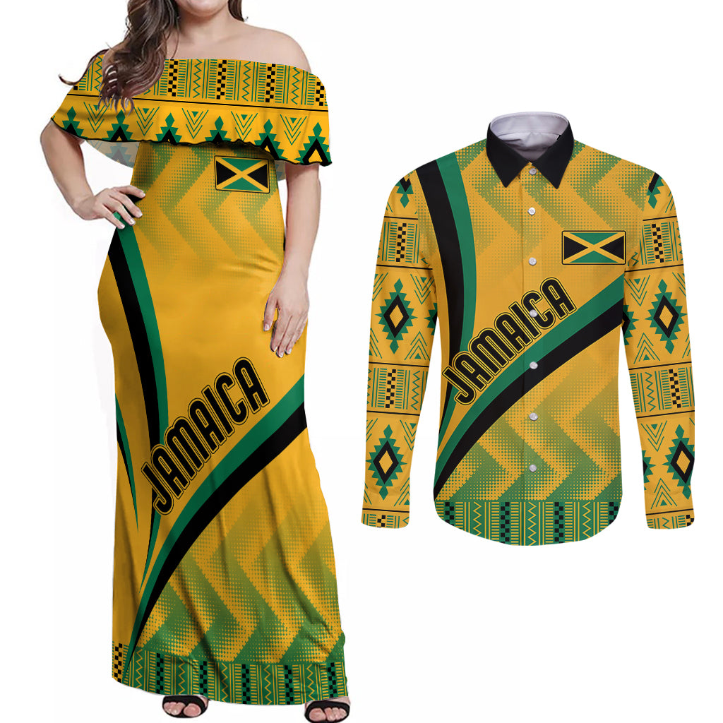 Personalised Jamaica Couples Matching Off Shoulder Maxi Dress and Long Sleeve Button Shirts Kente Pattern Basic - Yellow LT7 - Wonder Print Shop