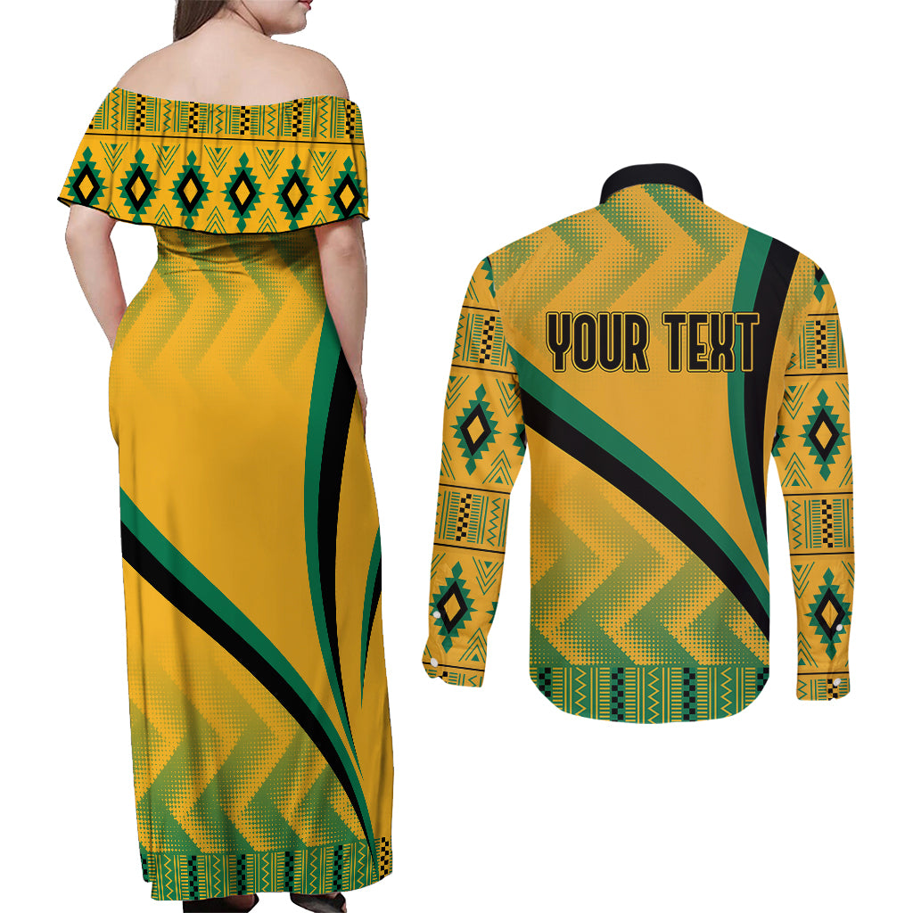 Personalised Jamaica Couples Matching Off Shoulder Maxi Dress and Long Sleeve Button Shirts Kente Pattern Basic - Yellow LT7 - Wonder Print Shop