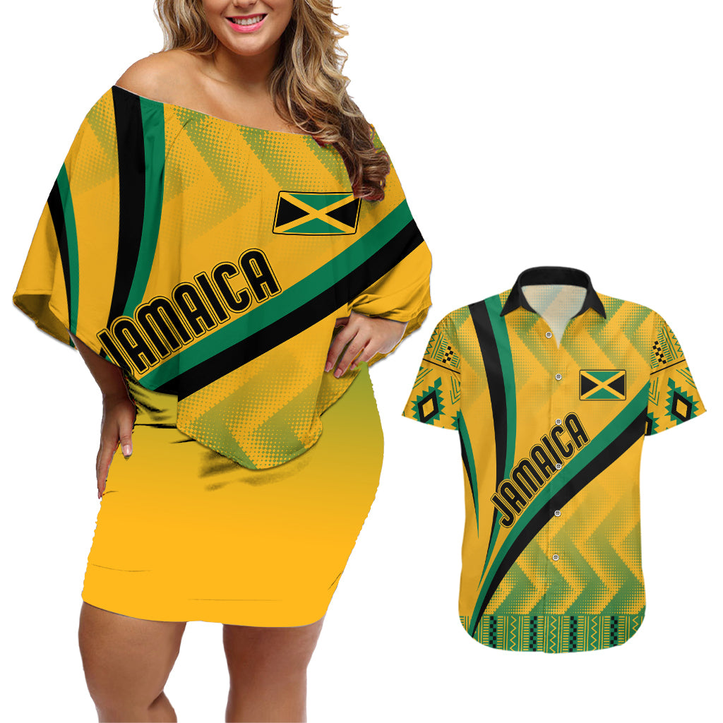 Personalised Jamaica Couples Matching Off Shoulder Short Dress and Hawaiian Shirt Kente Pattern Basic - Yellow LT7 - Wonder Print Shop