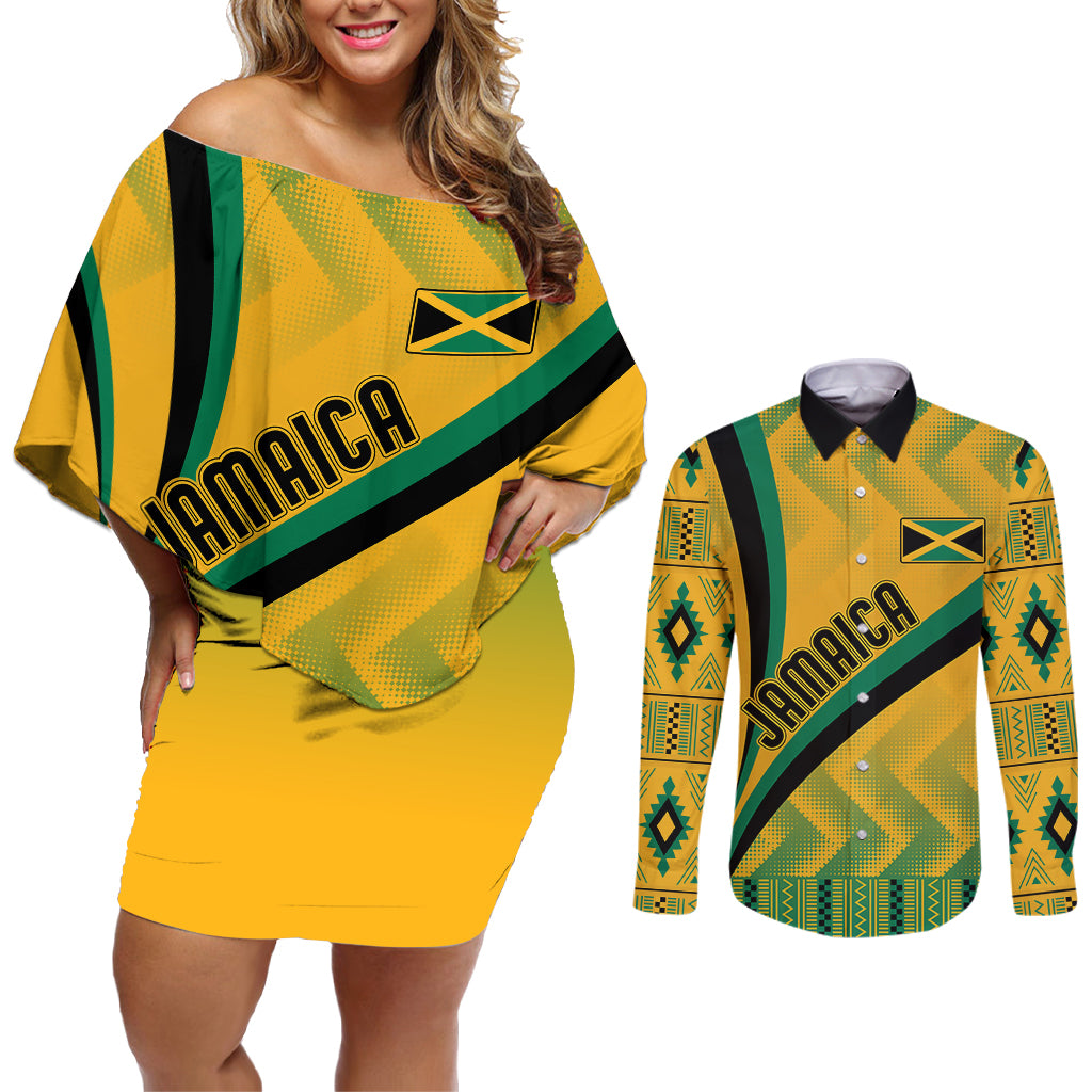 Personalised Jamaica Couples Matching Off Shoulder Short Dress and Long Sleeve Button Shirts Kente Pattern Basic - Yellow LT7 - Wonder Print Shop