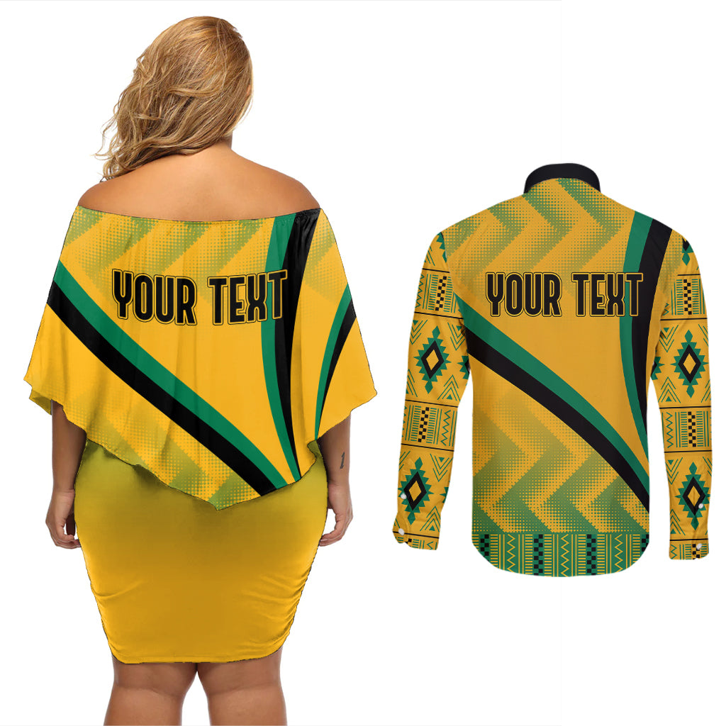Personalised Jamaica Couples Matching Off Shoulder Short Dress and Long Sleeve Button Shirts Kente Pattern Basic - Yellow LT7 - Wonder Print Shop