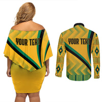 Personalised Jamaica Couples Matching Off Shoulder Short Dress and Long Sleeve Button Shirts Kente Pattern Basic - Yellow LT7 - Wonder Print Shop