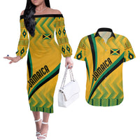 Personalised Jamaica Couples Matching Off The Shoulder Long Sleeve Dress and Hawaiian Shirt Kente Pattern Basic - Yellow LT7 - Wonder Print Shop