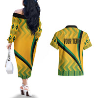Personalised Jamaica Couples Matching Off The Shoulder Long Sleeve Dress and Hawaiian Shirt Kente Pattern Basic - Yellow LT7 - Wonder Print Shop