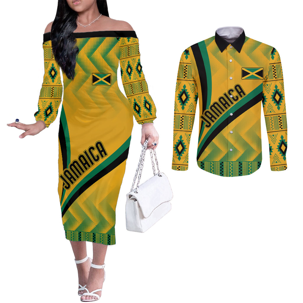 personalised-jamaica-couples-matching-off-the-shoulder-long-sleeve-dress-and-long-sleeve-button-shirts-kente-pattern-basic-yellow
