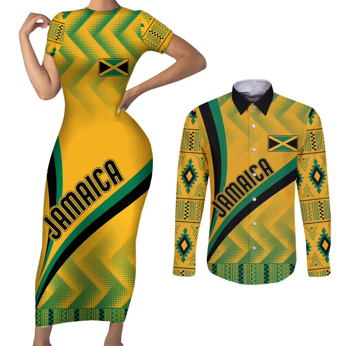 Personalised Jamaica Couples Matching Short Sleeve Bodycon Dress and Long Sleeve Button Shirts Kente Pattern Basic - Yellow LT7 - Wonder Print Shop