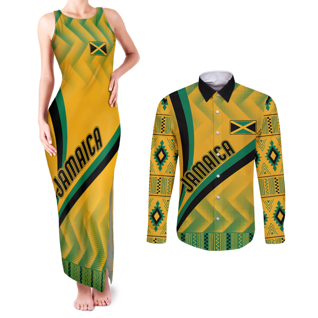 Personalised Jamaica Couples Matching Tank Maxi Dress and Long Sleeve Button Shirts Kente Pattern Basic - Yellow LT7 - Wonder Print Shop