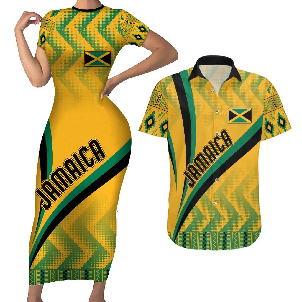 Personalised Jamaica Couples Matching Short Sleeve Bodycon Dress and Hawaiian Shirt Kente Pattern Basic - Yellow LT7