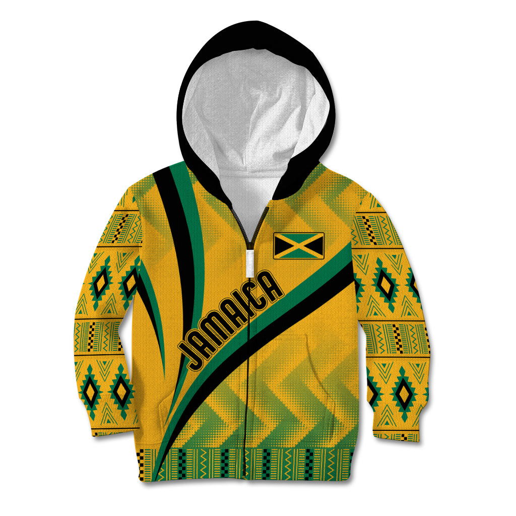 Kids yellow zip hoodie with green kente pattern, black hood, front Jamaica graphic.