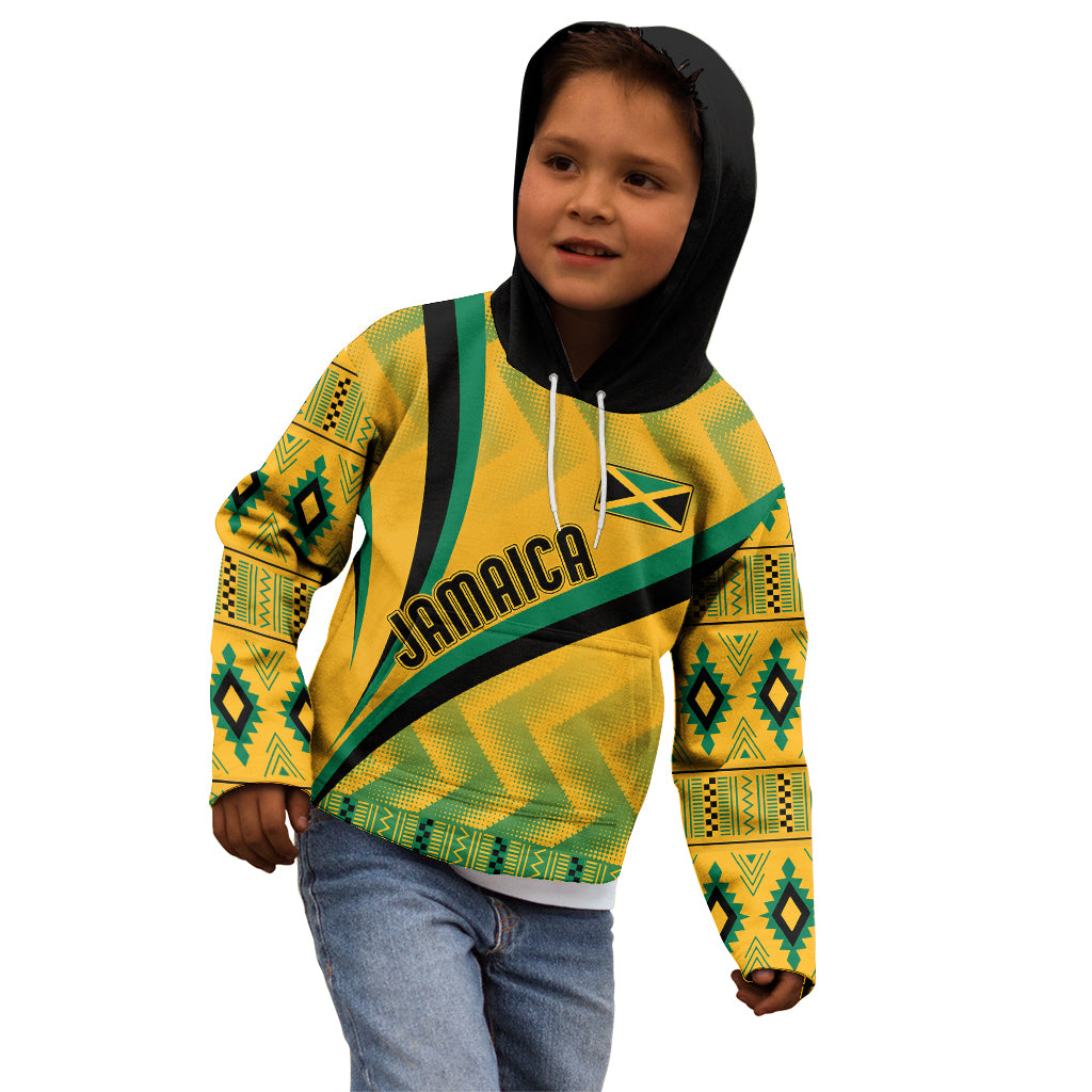 Kids yellow zip hoodie with green kente print, black hood, Jamaica logo on front.