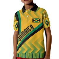 Kids yellow kente patterned polo shirt with black collar, front graphic print and pocket